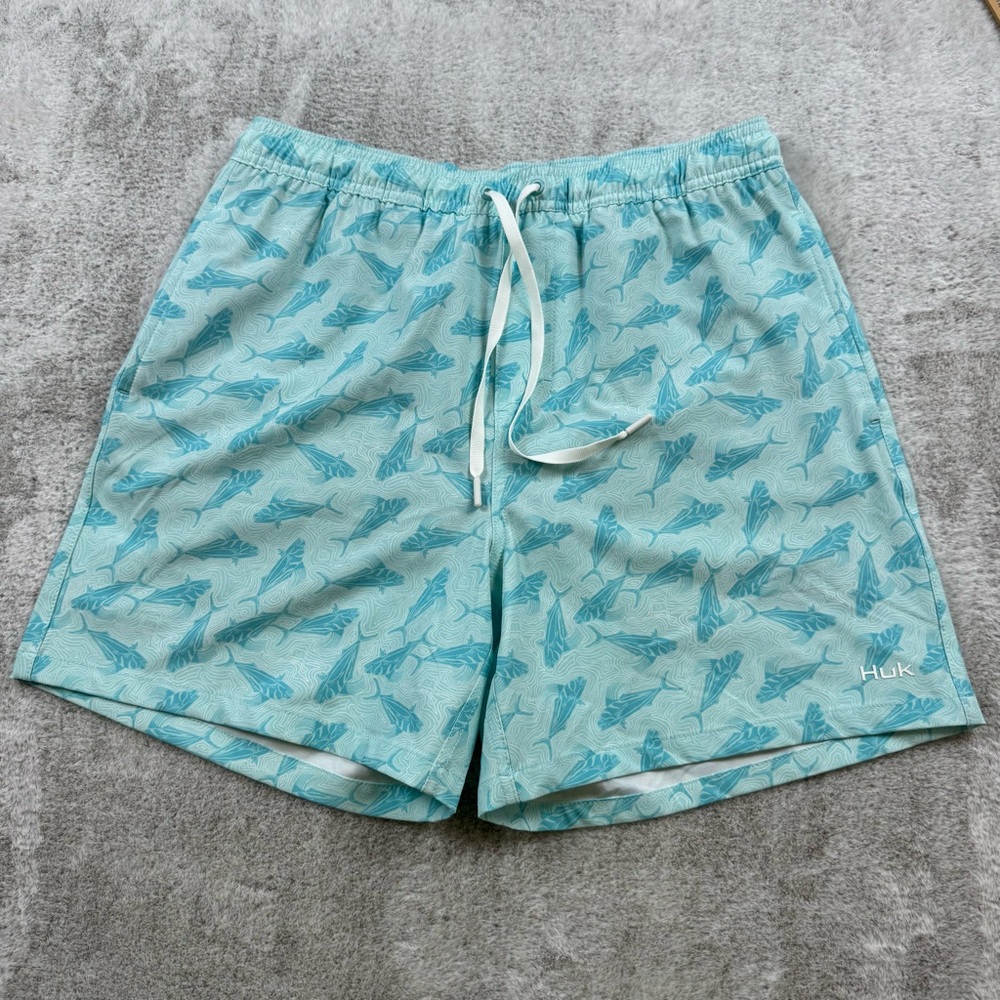 Huk swim trunks short men’s size M blue pursuit volley rooster wake fish print